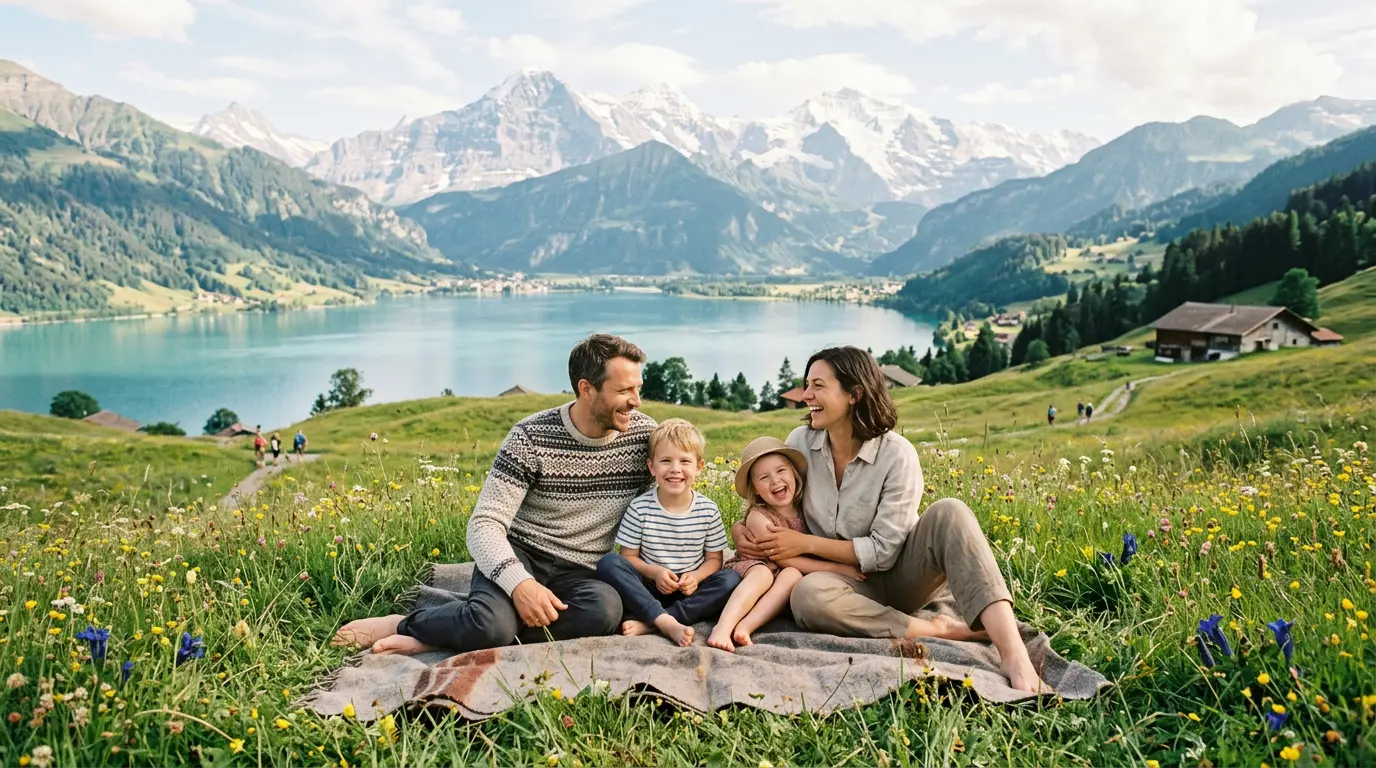 Familie auf einer Alpwiese über einem Schweizer See
